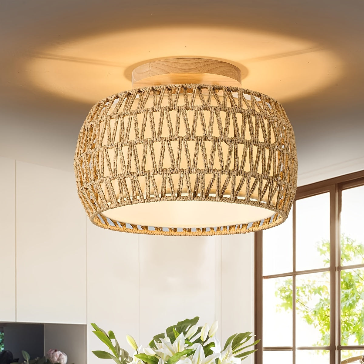 Boho Rattan Flush Mount - Ceiling Lights 12.6 Inch