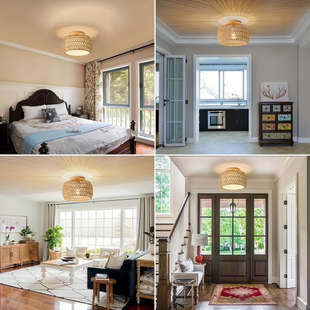 Boho Rattan Flush Mount - Ceiling Lights 12.6 Inch