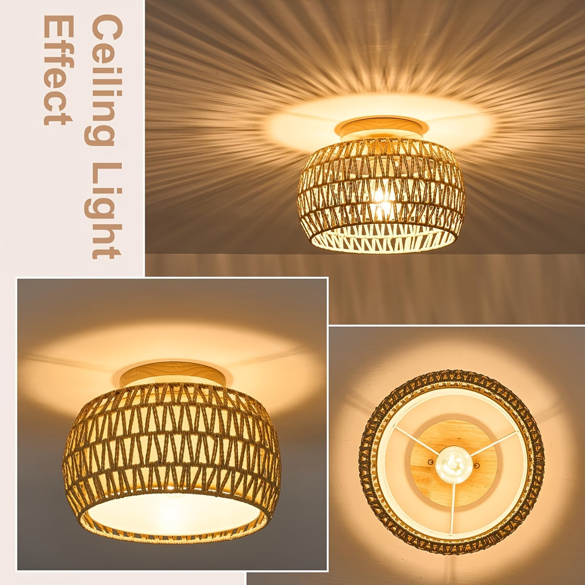 Boho Rattan Flush Mount - Ceiling Lights 12.6 Inch