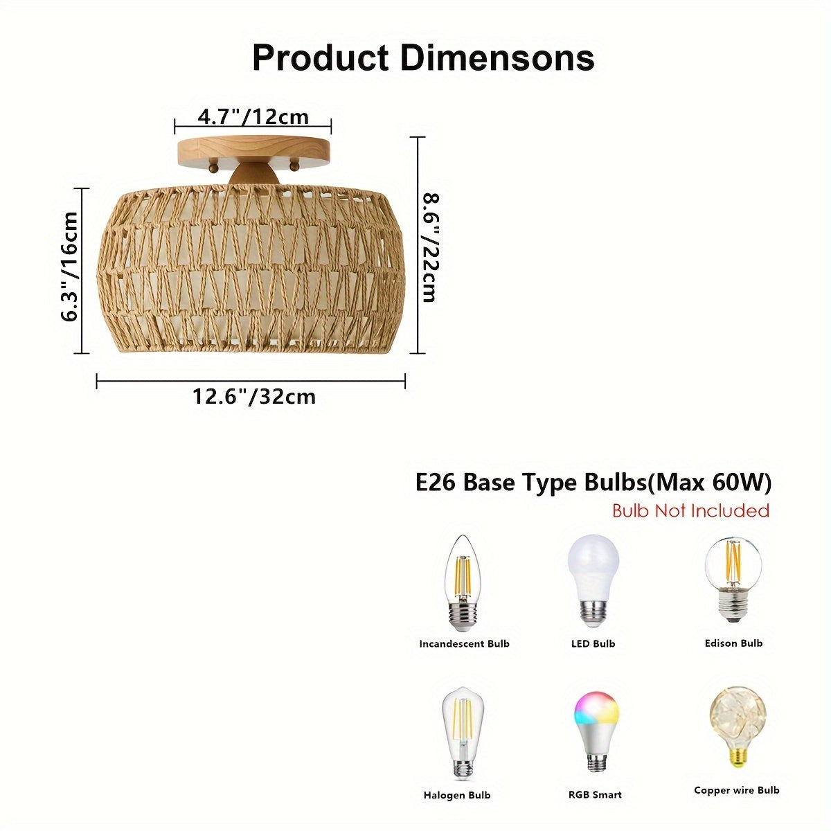 Boho Rattan Flush Mount - Ceiling Lights 12.6 Inch