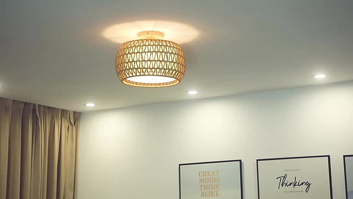 Boho Rattan Flush Mount - Ceiling Lights 12.6 Inch